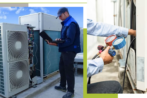 A man working on a heat pump, part of high-quality AC repair services in Ontario.